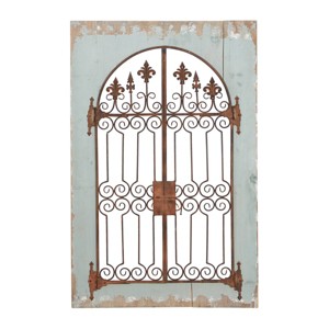 Wood Scroll Window Pane Inspired Wall Decor with Metal Fleur De Lis Relief Blue - Olivia & May - 1 of 4