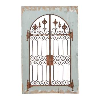 Wood Scroll Window Pane Inspired Wall Decor with Metal Fleur De Lis Relief Blue - Olivia & May