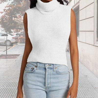 Women's Turtleneck Sleeveless Pullover Sweater Knit Tank Tops,Off White - S