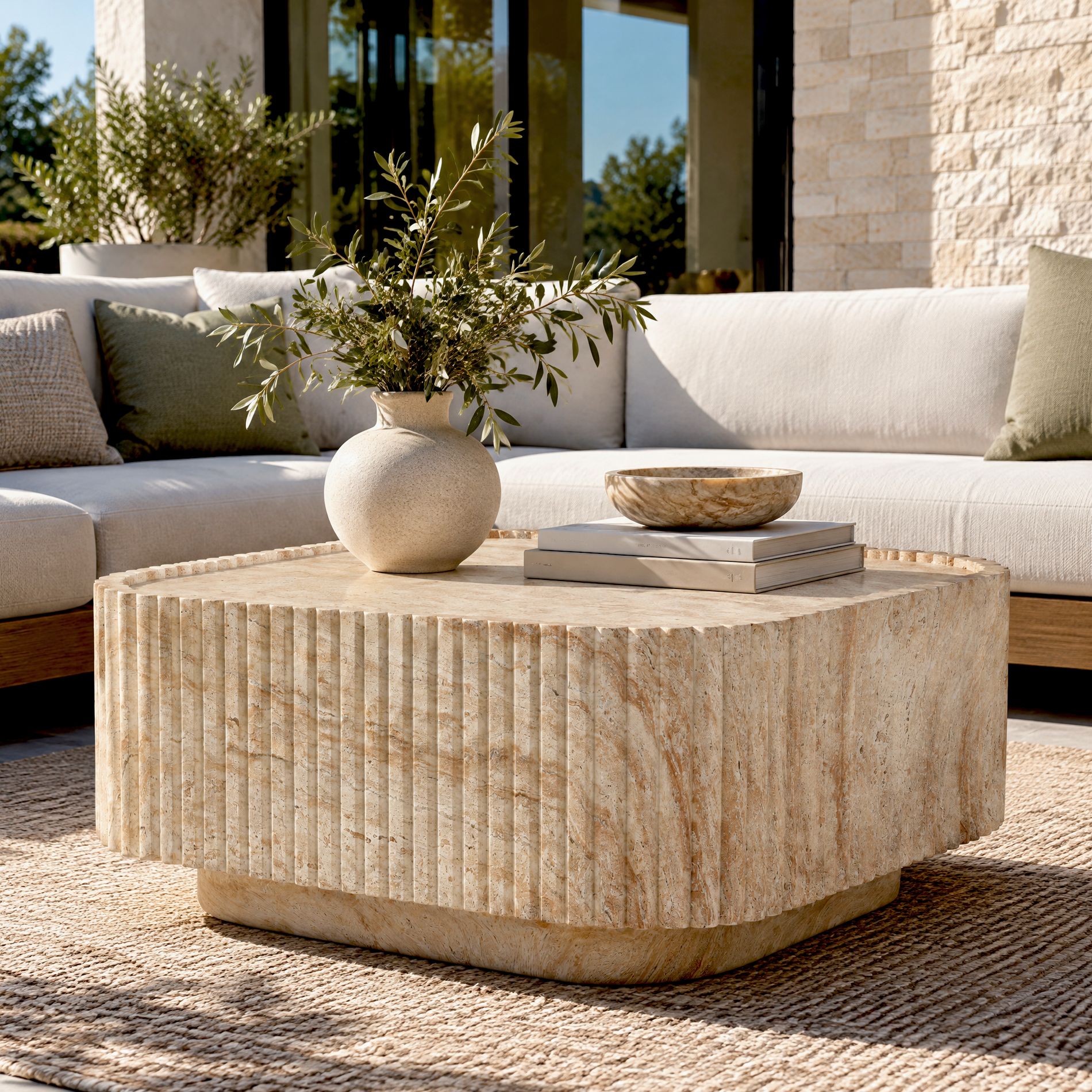 31.89" Square Magnesium Oxide Faux Marble Outdoor Coffee Table, Patio Side Table for Indoor, Backyard, No Assembly Required, Travertine - ModernLuxe
