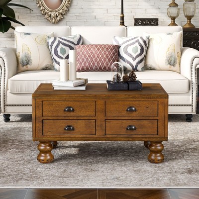 Sapphtopaz Coffee Table Home Decor Wood Rectangular Coffee Table with Rivet Decoration Legs and 4 Drawers for Living Room, Home Small Space