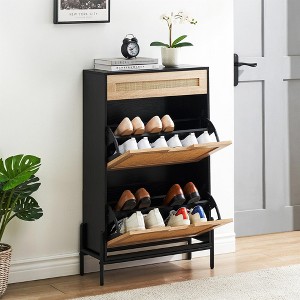 Freestanding Shoe Rack, Ratten Modern Flip Doors Shoe Storage Cabinet with 2 Adjustable Shelves and Drawer - 1 of 4