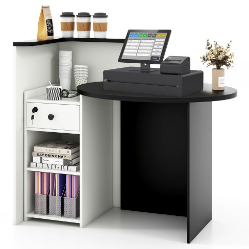 Costway Front Reception Counter Desk Checkout Office Desk with Open Shelf &  Lockable Drawer Black