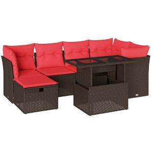 vidaXL Patio Sofa Set with Cushions and Table Outdoor Garden 7 Piece Poly Rattan - Brown without storage - 1 of 4