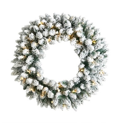 Nearly Natural 24” Flocked Artificial Christmas Wreath with 160 Bendable Branches and 35 Warm White LED Lights