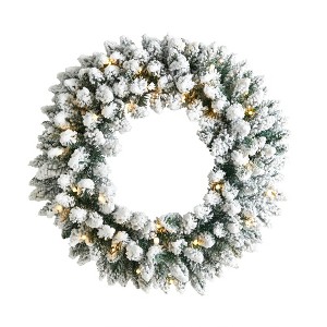 Nearly Natural 24” Flocked Artificial Christmas Wreath with 160 Bendable Branches and 35 Warm White LED Lights - 1 of 4