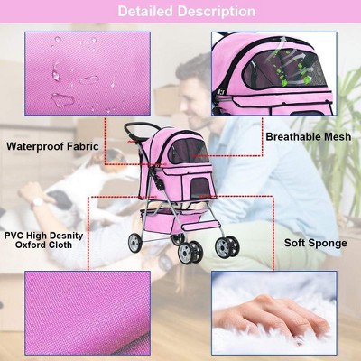 Pink 4-Wheel Pet Stroller with Mesh Windows
