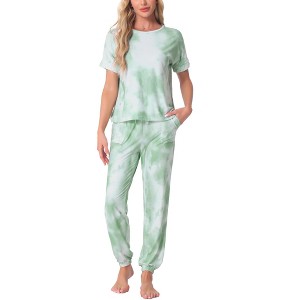 cheibear Women's Soft Tie Dye T-shirt with Pants Pajama Set 2 Pcs - 1 of 4