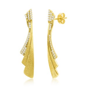 Bella Silver Sterling Silver, Irregular Shaped Brushed & CZ Earrings - Gold Plated - Gold - 1 of 2