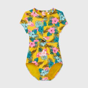 Girls Short Sleeve Floral Back Zip One Piece Swimsuit Art Class Gold Target