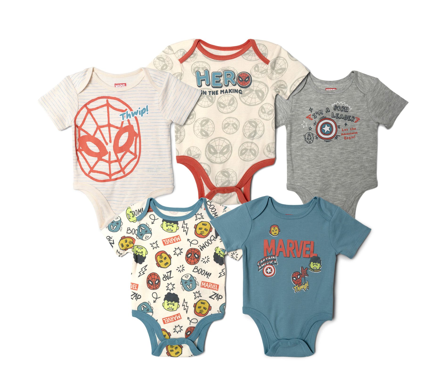 Marvel Avengers Infant Baby Boys 5 Pack Bodysuits Cream / Blue Gray 18 Months