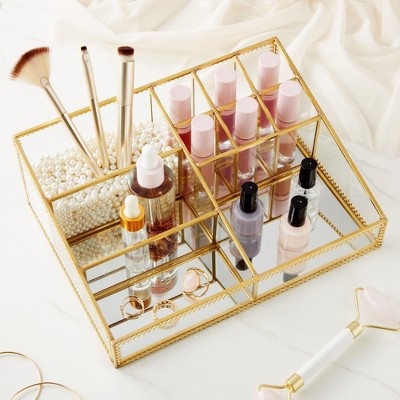 Gold Trim Glass Makeup Organizer with 10 Compartments