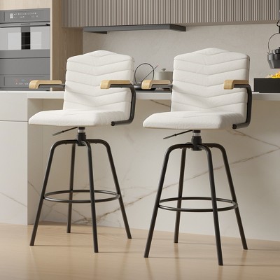 VECELO Bar Stools with Backs & Arms Set of 2, Counter Height Barstools Set with Tufted Upholstery & Footrest Ring, White/Brown