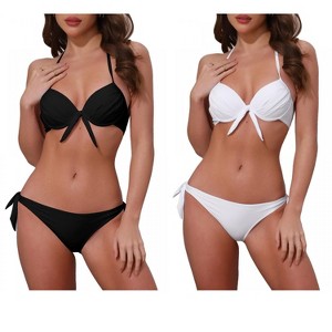 INSPIRE CHIC Women's Knot Twist Halter Double Straps Tie Back Bra Triangle Bottoms Swimwear Bikini Sets 2 Sets - 1 of 4
