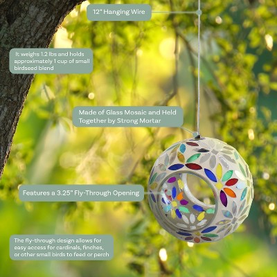 6-Inch Round Glass Mosaic Hanging Bird Feeder with Rainbow Daisies