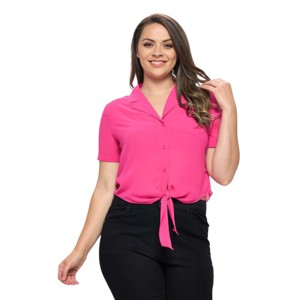 Slickblue Plus Size Tie Front Chiffon Top - Short Sleeve Button Down Shirt, Black or Fuchsia, Size 1XL-3XL - 1 of 4