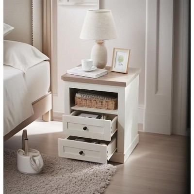 ORRD Farmhouse Nightstand, Rustic Wood End Table with 2 Drawers, Antique White Side Table for Bedroom & Living Room
