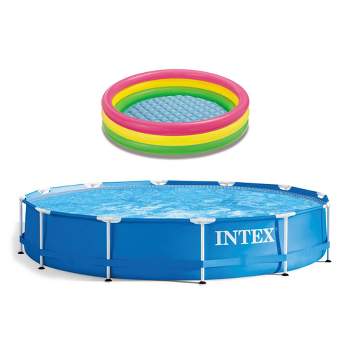 Intex 12' x 30" Metal Frame Round Above Ground Swimming Pool with Pump and 58" x 13" Inflatable Sunset Glow Colorful Backyard Kids Vinyl Splash Pool
