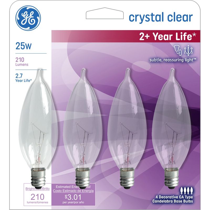 GE 4pk 25W CAC Long Life Incandescent Chandelier Light Bulb White, 1 of 6