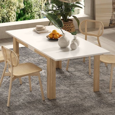 Famapy Extendable Dining Table with Modern White Top and Natural Wood Legs