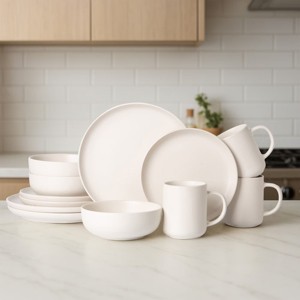 SEVOBAL 12-Piece Stoneware Dinnerware Set with Mug Microwave Dishwasher Friendly Stackable Matte Glaze Plates Bowls Service for 3, White, 10"*10"*2.4" - 1 of 4