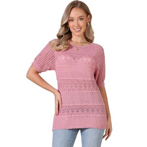 INSPIRE CHIC Women's Crew Neck Summer Casual Lightweight Short Sleeve Hollow Out Crochet Tops - 1 of 4