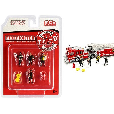 "Firefighter" 7 piece Diecast Set (4 Figurines and 3 Accessories) for 1/64 Scale Models by American Diorama