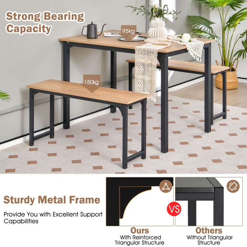 Tangkula 3pcs Dining Table Set for 4 Modern Industrial Counter Height Kitchen Table Set with 2 Benches for Dining Room Natural/Brown, 4 of 10