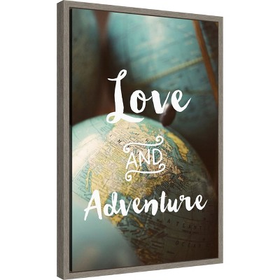 Love and Adventure Typography Canvas Wall Art with Distressed Greywash Frame