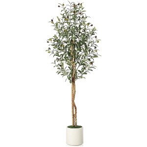 Artificial Olive Tree with White Pot, Faux Floor Plants with Natural Wood Trunk & Fruits - 1 of 4