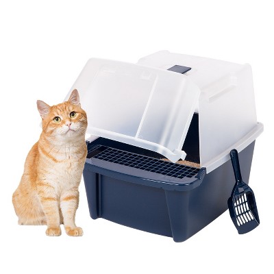 Iris Usa Large Split hood Cat Litter Box With Scoop And Grate Blue