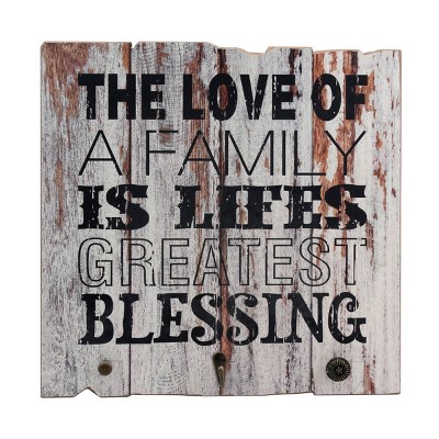 Rustic White Wooden Family Quote Wall Art with Metal Hooks