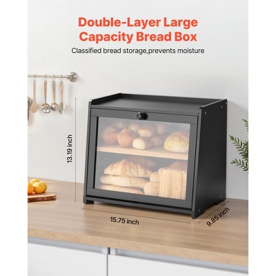 VEVOR Double Layer Bread Box for Kitchen Counter, Large Capacity Bamboo Bread Storage Container, Farmhouse Wooden Breadbox for Homemade Bread, Black — фото 3