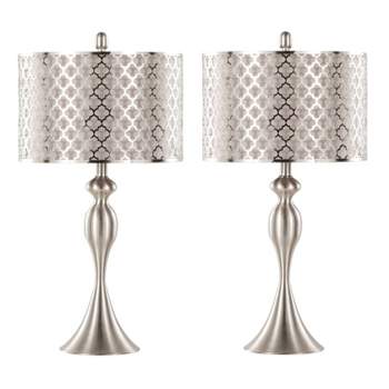 LumiSource (Set of 2) Ashland 27" Contemporary Table Lamps Brushed Nickel with Gray Textured Linen and Laser Cut Shade from Grandview Gallery