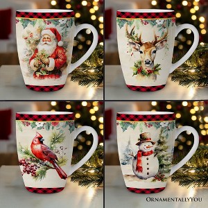 Festive Country Plaid Set of 4 Ceramic Mugs with Real Gold Trim, Christmas Kitchen Coffee Cup Gift, Cardinal, Deer, and Snowman| OrnamentallyYou - 1 of 4