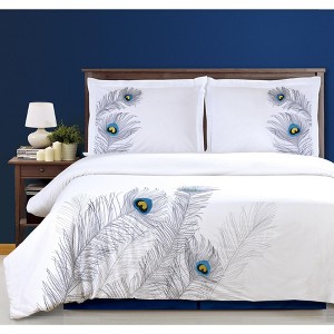 Modern Feather Embroidered Cotton Duvet Cover and Pillow Sham Set - Blue Nile Mills - 1 of 4