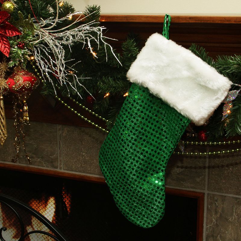 Northlight 18" Green and White Faux-Fur Cuffed Disco Sequined Christmas Stocking, 2 of 3
