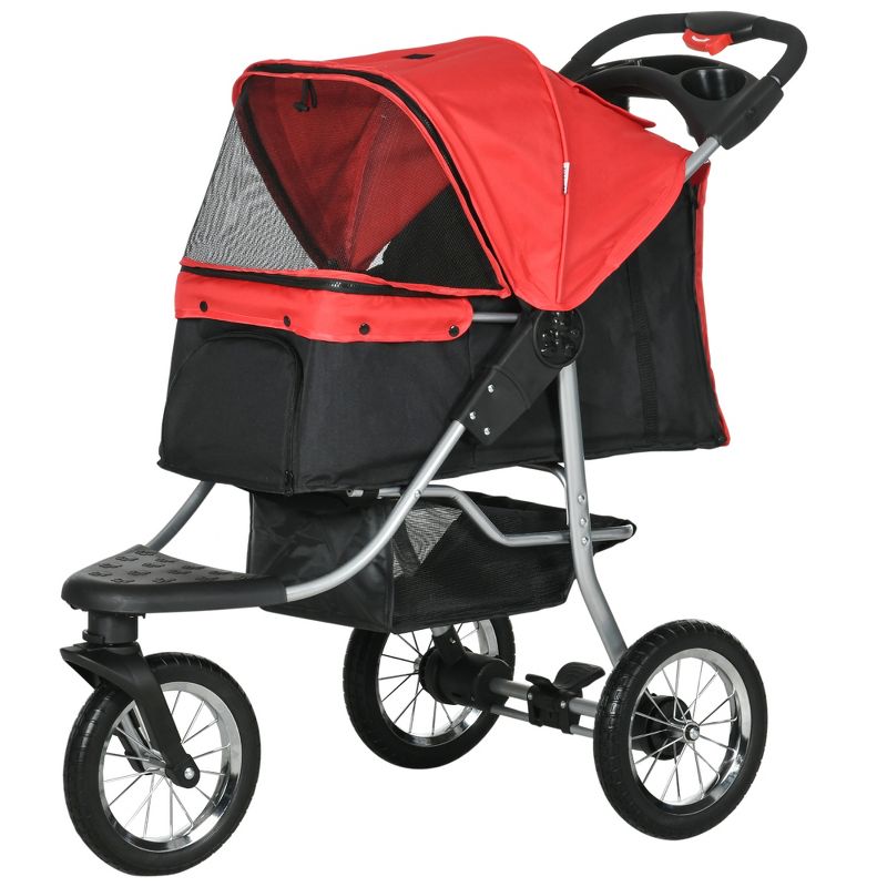 PawHut Luxury One-click Folding Pet Stroller Dog/Cat Travel Carriage with Wheels Adjustable Canopy Zippered Mesh Window Door Red and Black, 4 of 9