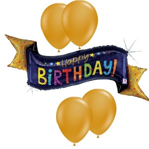 LoonBalloon 51 Inch Navy & Gold Banner Birthday Balloon with 4 latex balloons- Elegant & Festive - 1 of 3