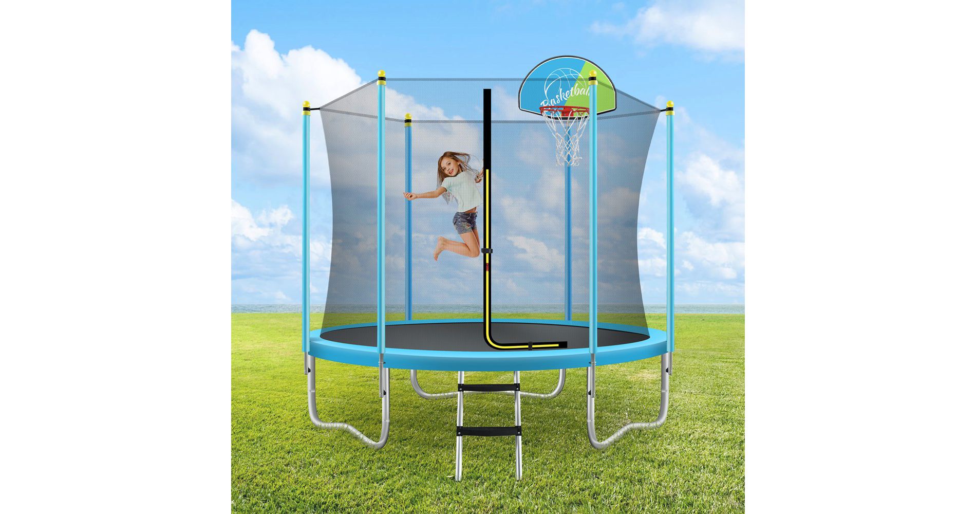 8ft Trampoline for Kids with Safety Enclosure Net, Basketball Hoop and Ladder, Outdoor Round Recreational Trampoline, for Boys Girls Birthday Gifts