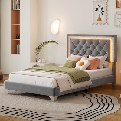 Twin Size Velvet Upholstered Platform Bed with LED Lights and Tufted Headboard 4S - ModernLuxe