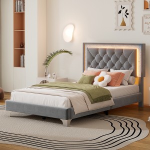 Twin Size Velvet Upholstered Platform Bed with LED Lights and Tufted Headboard 4S - ModernLuxe - 1 of 4