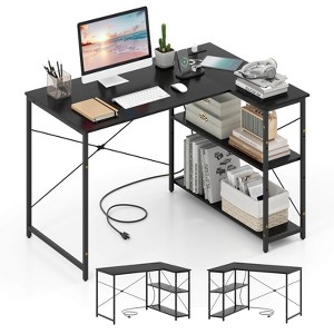 Costway L-Shaped Computer Desk with Power Outlets Adjustable shelf Heavy-Duty Metal Frame Brown/White/Black - 1 of 4