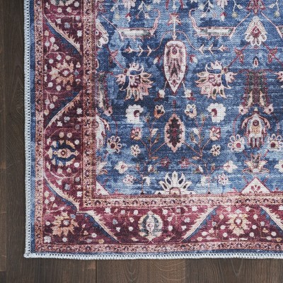 Vintage Elegance 2' x 6' Blue/Brick Floral Washable Indoor Rug