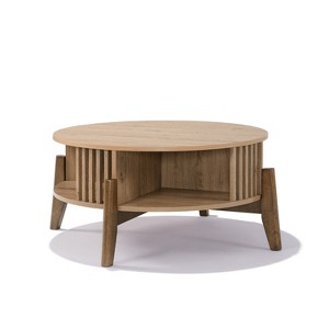 LuxenHome Round Coffee Table with Storage, 31.5" Oak Finish Manufactured Wood Accent Tables with Rubberwood Legs for Living Room, Home Brown - 1 of 4