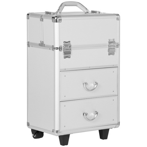 HOMCOM Rolling Makeup Train Case, Large Storage Cosmetic Trolley, Lockable  Traveling Cart Trunk with Folding Trays, Swivel Wheels and Keys, Silver