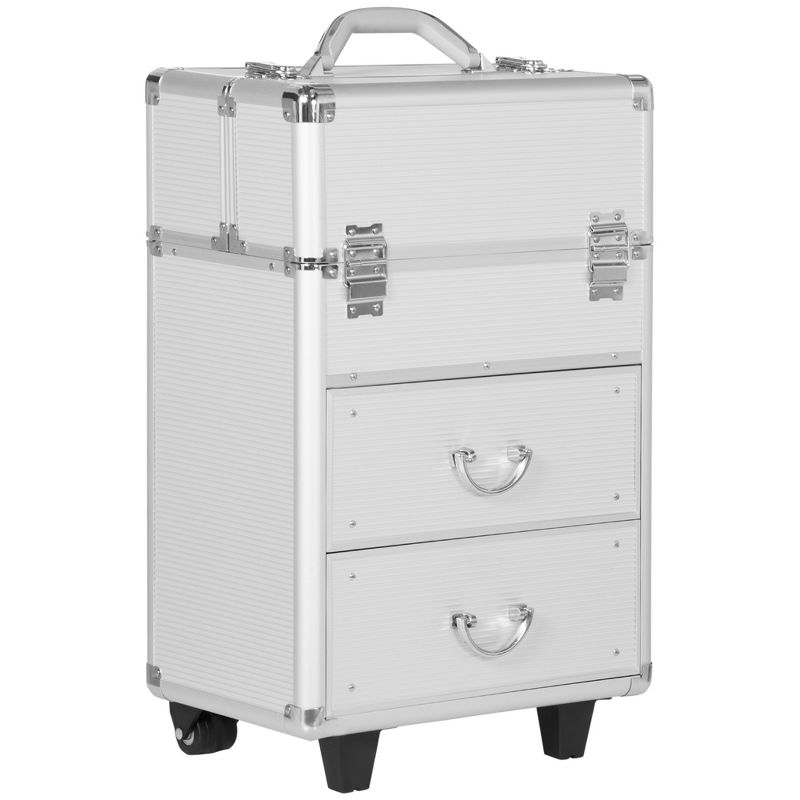 HOMCOM Rolling Makeup Train Case, Large Storage Cosmetic Trolley, Lockable Traveling Cart Trunk with Folding Trays, Swivel Wheels and Keys, 1 of 8