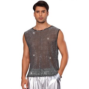 Lars Amadeus Men's Party Round Neck Sheer See Through Glitter Sleeveless Shining Tank Top - 1 of 4