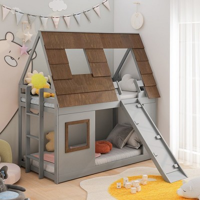 Cozy And Fun Wood Twin Size House Bunk Bed With Window Roof Shape Design With Ladder And Climbing Ramp, For Kids