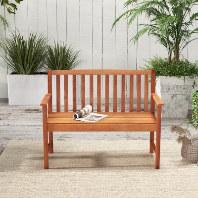 Natural Eucalyptus Wood 2-Seat Outdoor Patio Bench with Armrests